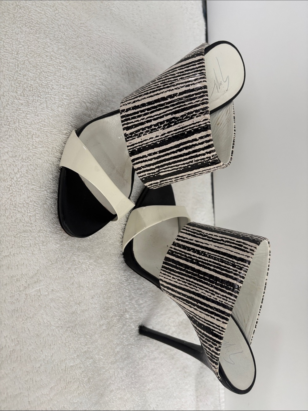 Giuseppe Zanotti Black and White Striped High Heel Slide Sandals